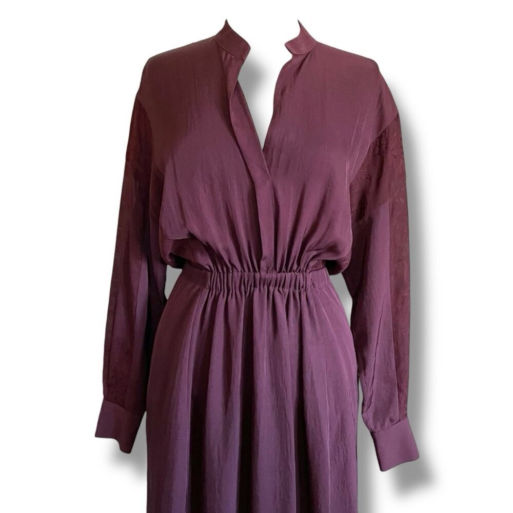 Vince Womens Midi Dress Sz Small Merlot Red Silk Jacquard Minimalist Blouson - Picture 3 of 12